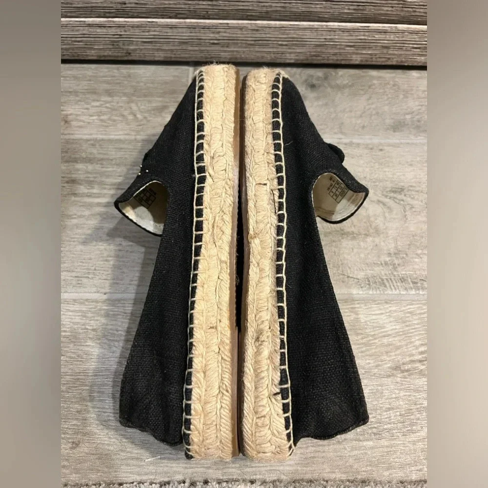 Soludos size 8 Black flat espadrilles beaded wine glass and wine bottle decor
